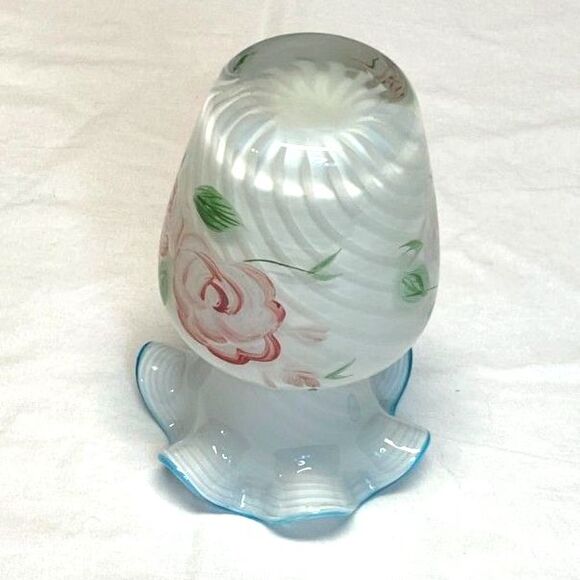 Fenton for Teleflora Cased Swirl Aqua Crest Hand Painted Ruffled Small Vase - Picture 11 of 12